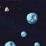 Vesmírna scéna s pixelated loďou medzi asteroidmi v tmavej hviezdnej oblohe