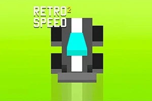 Pixlové auto s modrým čelným sklom na svetlozelenom pozadí s nápisom RETRO SPEED