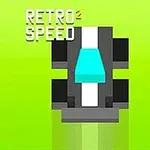 Pixlové auto s modrým čelným sklom na svetlozelenom pozadí s nápisom RETRO SPEED
