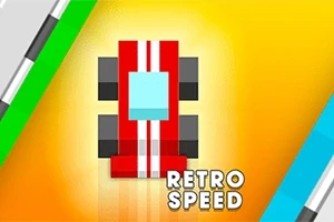 Červené retro auto s dvoma bielymi pruhmi na žltom pozadí s nápisom Retro Speed