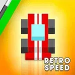 Červené retro auto s dvoma bielymi pruhmi na žltom pozadí s nápisom Retro Speed