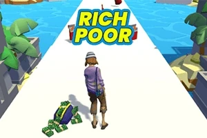 Postava kráča po ceste zbierajúcej bankovky s textom RICH POOR nad ňou
