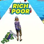 Postava kráča po ceste zbierajúcej bankovky s textom RICH POOR nad ňou