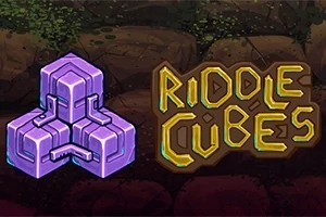 Fialový geometrický symbol vedľa názvu Riddle Cubes na pozadí kamenného prostredia