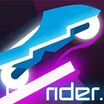 Modrá silueta neonového auta s moderným dizajnom na tmavom pozadí s nápisom rider