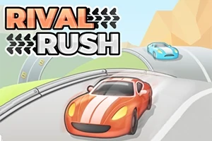 Oranžové a modré športové autá na kľukatej ceste s nápisom Rival Rush v pozadí