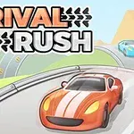 Oranžové a modré športové autá na kľukatej ceste s nápisom Rival Rush v pozadí
