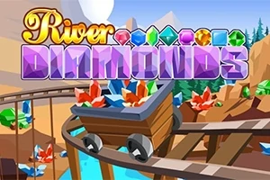 Košík plný drahokamov na horskej dráhe s nápisom „River Diamonds“ na farebnom pozadí