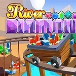 Košík plný drahokamov na horskej dráhe s nápisom „River Diamonds“ na farebnom pozadí