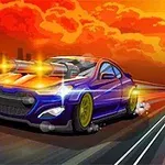 Modré športové auto s namontovanými zbraňami jazdí vysokou rýchlosťou po ceste pri západe slnka, pričom strieľa svetelné projektily