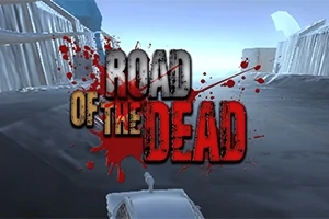 Nápis „Road of the Dead“ s krvavými škvrnami na pozadí diaľnice obklopenej budovami