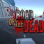 Nápis „Road of the Dead“ s krvavými škvrnami na pozadí diaľnice obklopenej budovami