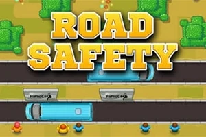 Hra s pixelovou grafikou zobrazujúca modré autá na ceste s textom ROAD SAFETY na vrchu