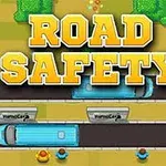 Hra s pixelovou grafikou zobrazujúca modré autá na ceste s textom ROAD SAFETY na vrchu