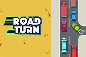 Nadpis ROAD TURN na žltom pozadí vedľa cesty s autami rôznych farieb, pričom zelené auto práve odbočuje