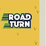 Nadpis ROAD TURN na žltom pozadí vedľa cesty s autami rôznych farieb, pričom zelené auto práve odbočuje