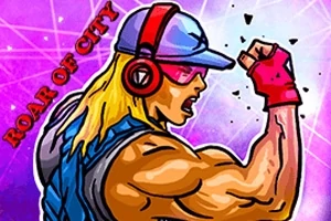 Ilustrácia zobrazujúca svalnatého človeka s blond vlasmi, červenými slúchadlami a šiltovkou, dvíhajúceho päsť na farebnom pozadí