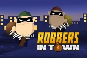 Dvaja kreslení zlodeji v maskách s vrecom, bežiaci pred nočným mestom, s nápisom ROBBERS IN TOWN