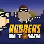 Dvaja kreslení zlodeji v maskách s vrecom, bežiaci pred nočným mestom, s nápisom ROBBERS IN TOWN