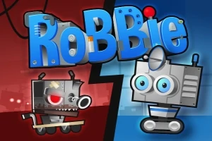 Dva roboty s výraznými očami na rozdelenom pozadí, jeden v červenej zóne a druhý v modrej, s nápisom RoBBie hore
