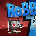 Dva roboty s výraznými očami na rozdelenom pozadí, jeden v červenej zóne a druhý v modrej, s nápisom RoBBie hore