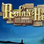 Nápis Robin Hood: Give and Take na pozadí s modrými a zelenými odtieňmi krajiny a siluetou hradu