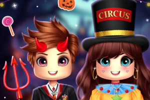 Dve kreslené postavičky v karnevalových kostýmoch, s doplnkami ako rohmi čerta a klobúkom s nápisom CIRCUS, obklopené Halloweenskými motívmi
