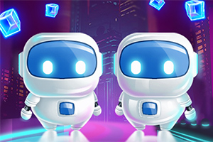 Dva roztomilé roboty s modrými svietiacimi očami stojace pred futuristickým mestom s levitujúcimi modrými kockami