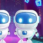 Dva roztomilé roboty s modrými svietiacimi očami stojace pred futuristickým mestom s levitujúcimi modrými kockami