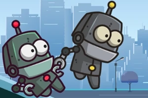 Dva kreslené roboty s anténami sa držia za ruky na pozadí mesta s mrakodrapmi