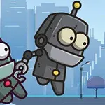 Dva kreslené roboty s anténami sa držia za ruky na pozadí mesta s mrakodrapmi