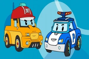 Dve kreslené autíčka s ľudskými výrazmi, žlté hasičské a modré policajné, na modrom pozadí
