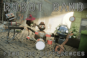 Robotická kapela hrá na hudobných nástrojoch na dláždenej ulici s nápisom Robot Band Find The Differences