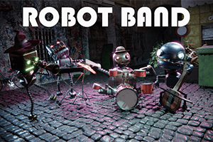 Robotická kapela so štyrmi robotmi hrá na rôzne hudobné nástroje na kamennej ulici