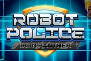 Text „ROBOT POLICE IRON PANTHER“ na modrom a oranžovom pozadí so štítom
