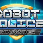 Text „ROBOT POLICE IRON PANTHER“ na modrom a oranžovom pozadí so štítom