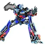Robot v červeno-modrých odtieňoch v bojovej pozícii na bielom pozadí