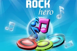 Farebné hudobné noty a svetelné kruhy na modrom pozadí s nápisom ROCK hero