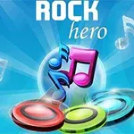 Farebné hudobné noty a svetelné kruhy na modrom pozadí s nápisom ROCK hero