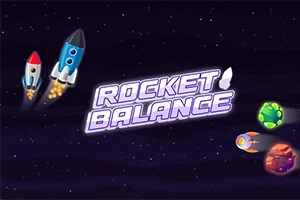 Dve rakety v vesmíre s textom Rocket Balance na tmavom hviezdnom pozadí, doplnené o tri farebné planéty alebo asteroidy