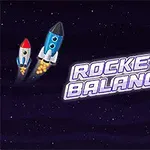 Dve rakety v vesmíre s textom Rocket Balance na tmavom hviezdnom pozadí, doplnené o tri farebné planéty alebo asteroidy