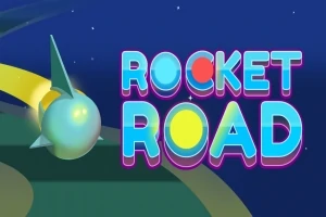 Farebný nápis „Rocket Road“ s grafikou rakety v pohybe na tmavom pozadí