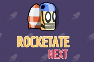 Kreslená postavička v prilbe vedľa raketového motora na fialovom pozadí s nápisom ROCKETATE NEXT