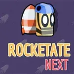 Kreslená postavička v prilbe vedľa raketového motora na fialovom pozadí s nápisom ROCKETATE NEXT