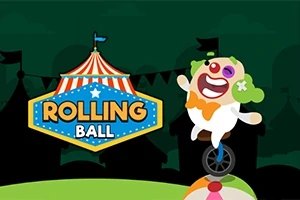 Klaun s farebnými vlasmi jazdí na jednokolke po veľkej farebnej guli pred cirkusovým stanom s nápisom ROLLING BALL