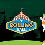 Klaun s farebnými vlasmi jazdí na jednokolke po veľkej farebnej guli pred cirkusovým stanom s nápisom ROLLING BALL
