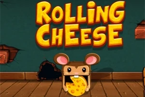 Kreslená myš s ružovými ušami drží žltý syr pred nápisom ROLLING CHEESE na drevenej podlahe