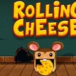 Kreslená myš s ružovými ušami drží žltý syr pred nápisom ROLLING CHEESE na drevenej podlahe
