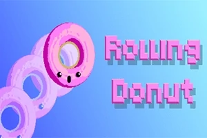 Ružový pixelový donut s očami a nápisom Rolling Donut na modrom pozadí