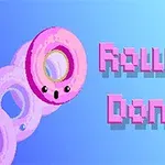 Ružový pixelový donut s očami a nápisom Rolling Donut na modrom pozadí